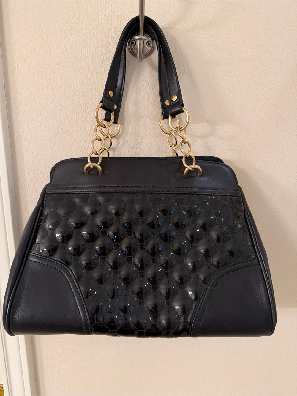 Vintage Ann Taylor Black Quilted Patent Shoulder Bag with Gold Chain Straps